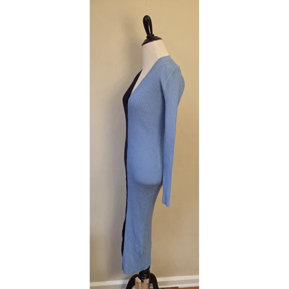 STAUD Shoko Navy Lt Blue Colorblock Ribbed Knit Buttondown Midi Sweater Dress S - Picture 4 of 12